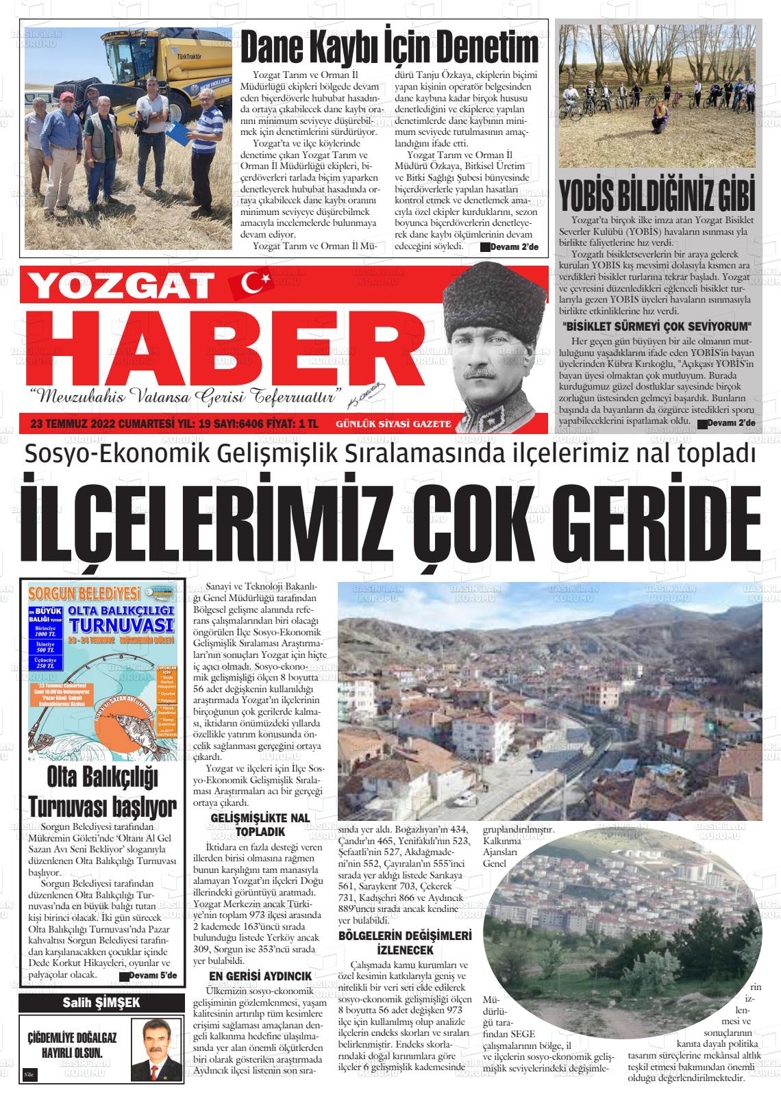 23 Temmuz 2022 Yozgat Haber Gazete Manşeti