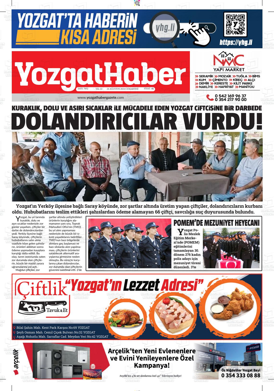 24 Ağustos 2024 Yozgat Haber Gazete Manşeti