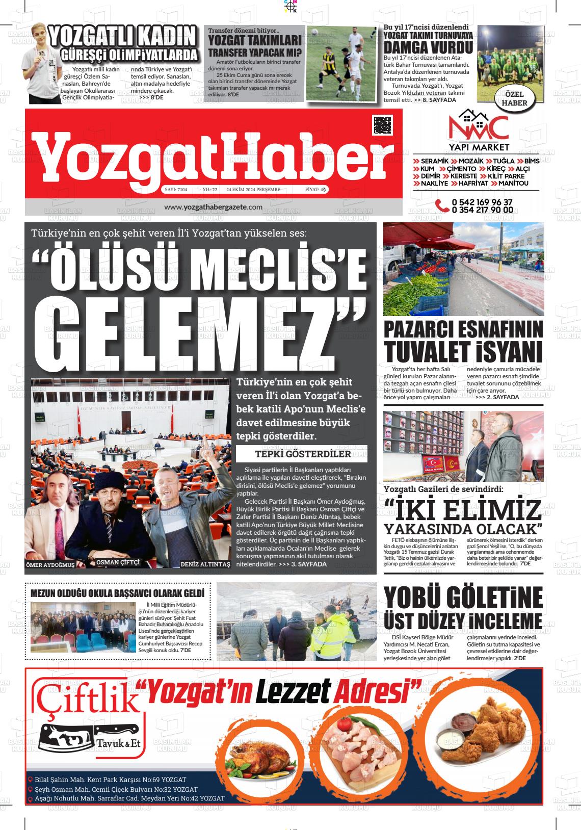 24 Ekim 2024 Yozgat Haber Gazete Manşeti