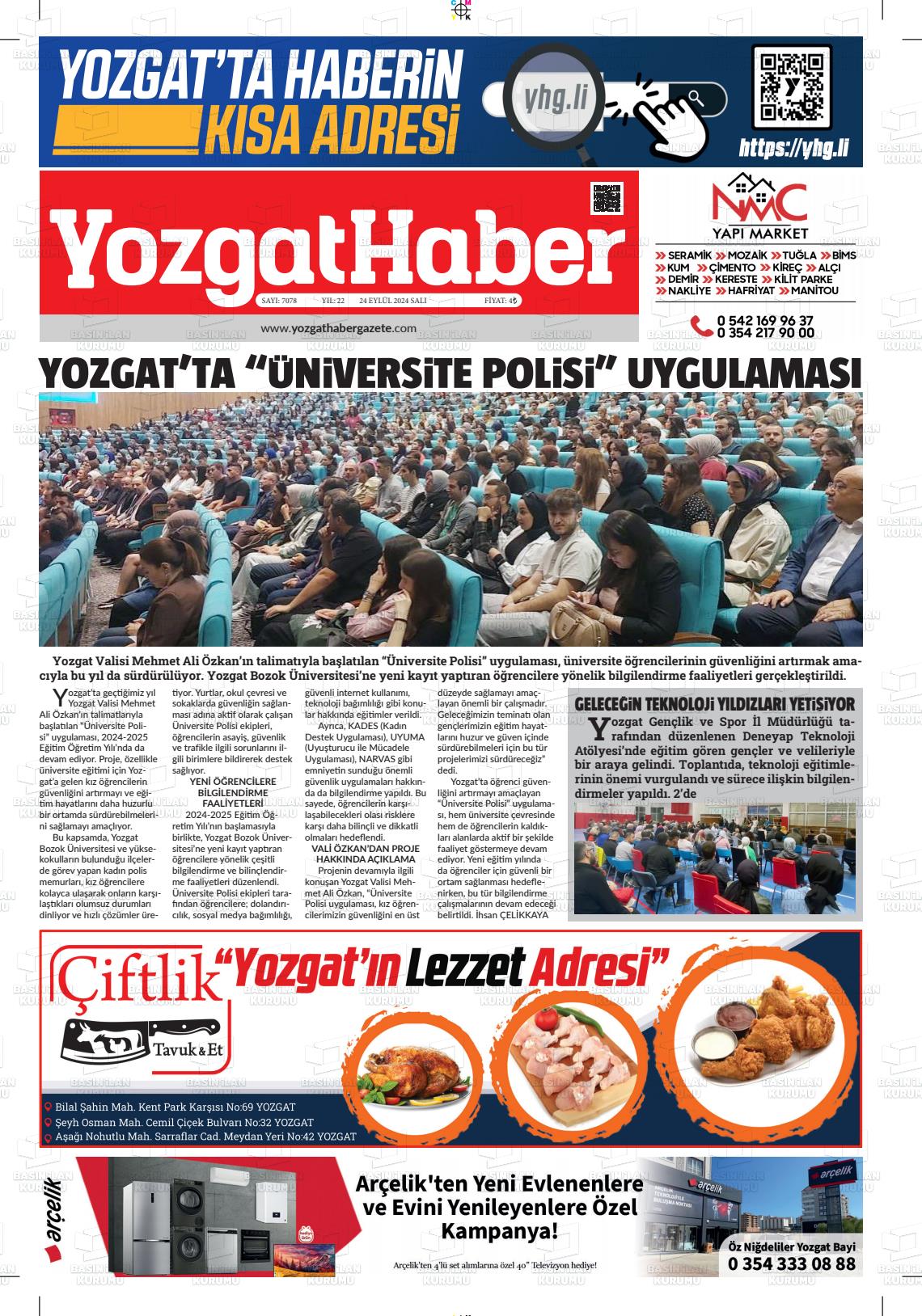 24 Eylül 2024 Yozgat Haber Gazete Manşeti