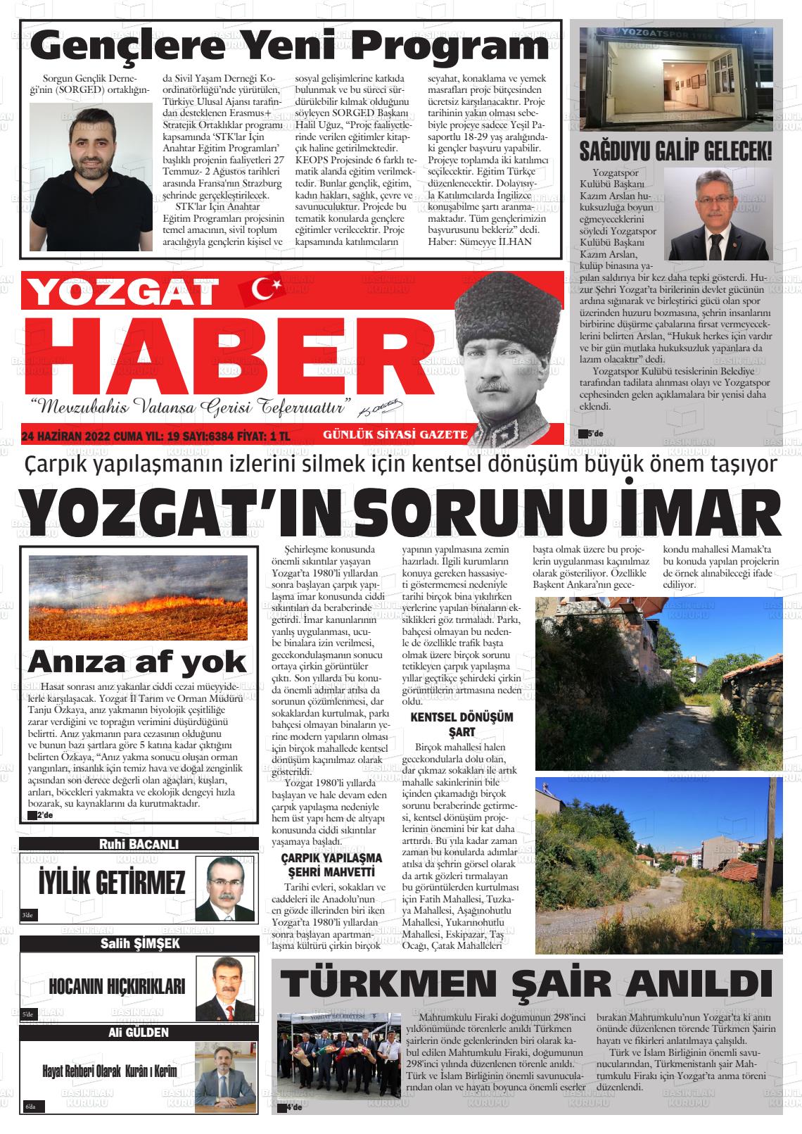 24 Haziran 2022 Yozgat Haber Gazete Manşeti