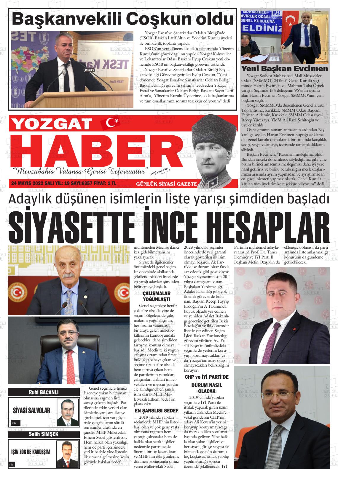 24 Mayıs 2022 Yozgat Haber Gazete Manşeti