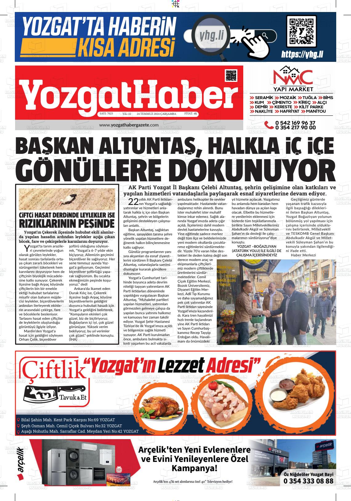 24 Temmuz 2024 Yozgat Haber Gazete Manşeti