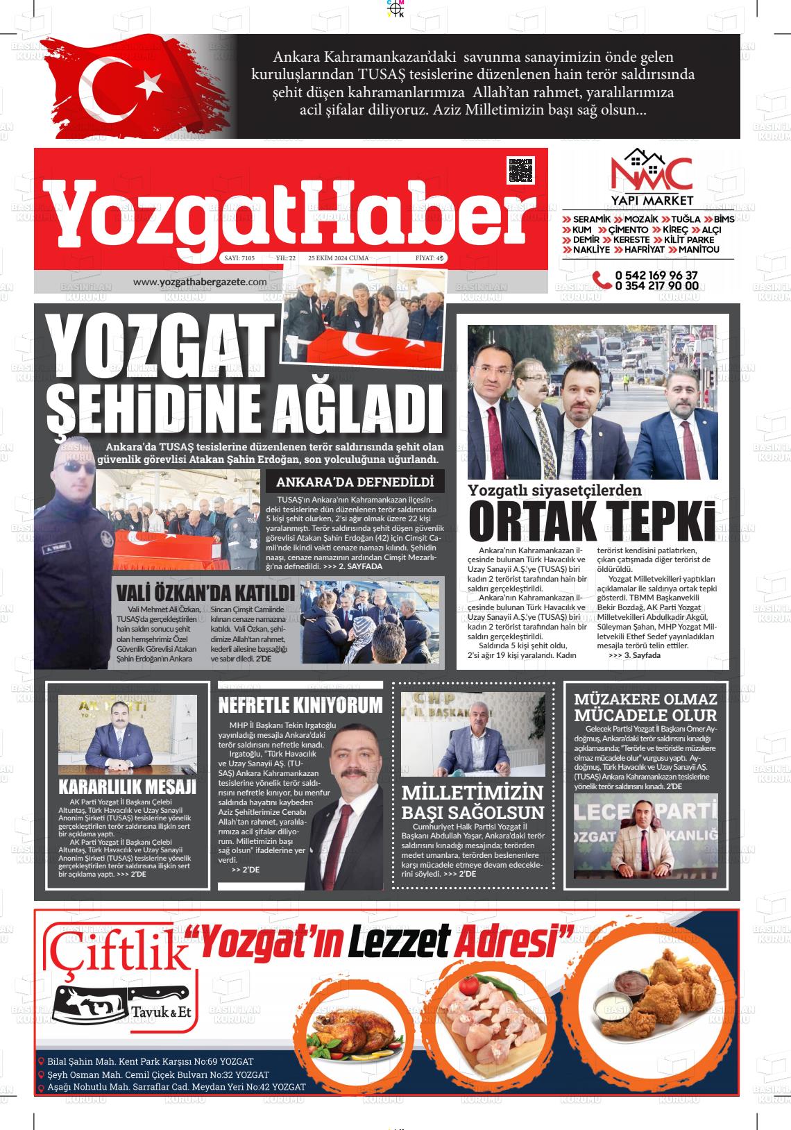 25 Ekim 2024 Yozgat Haber Gazete Manşeti