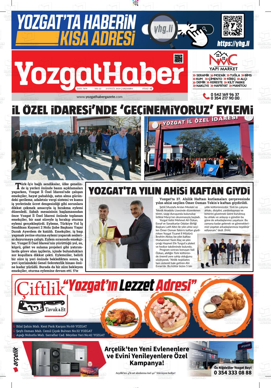 25 Eylül 2024 Yozgat Haber Gazete Manşeti