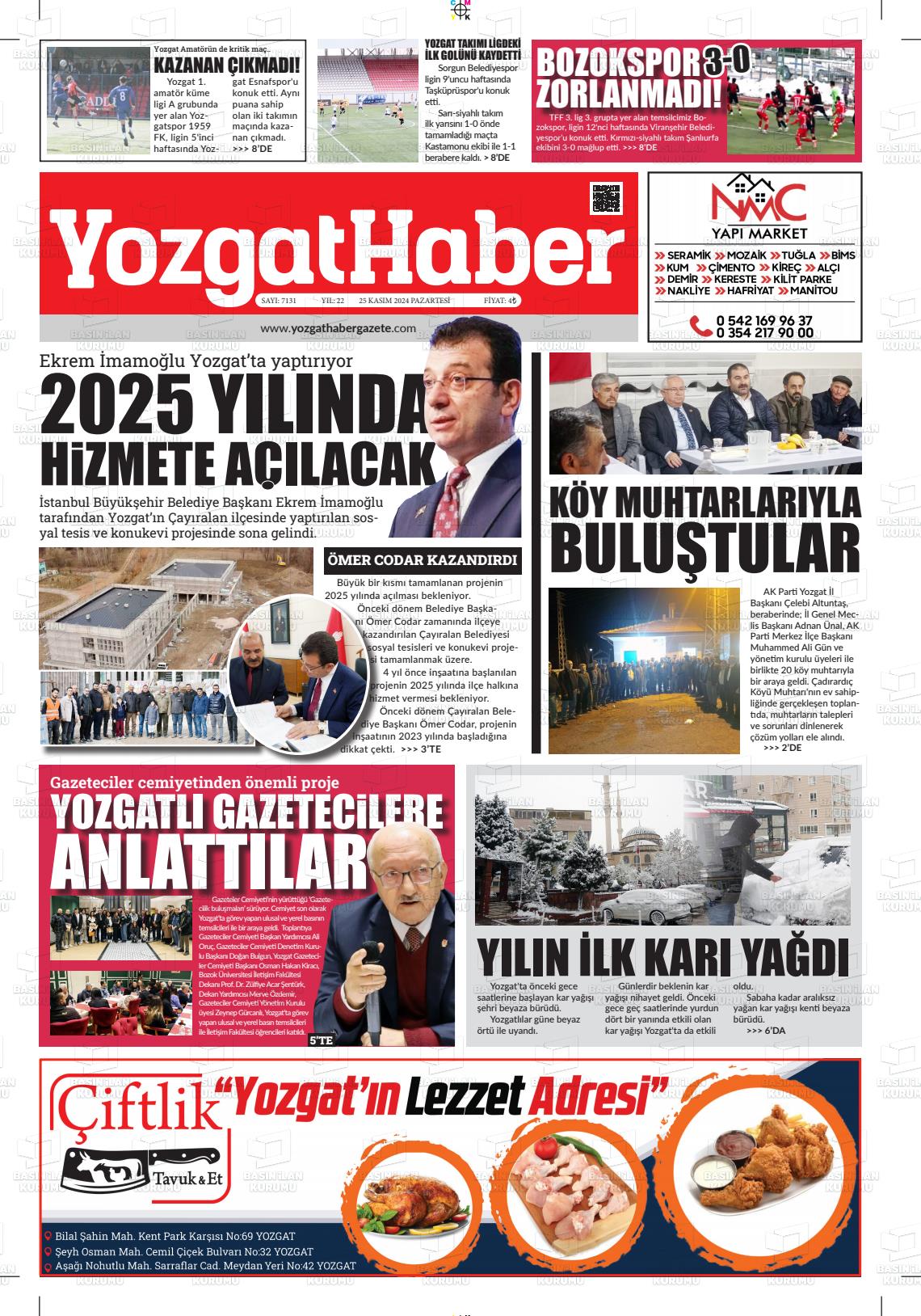 25 Kasım 2024 Yozgat Haber Gazete Manşeti