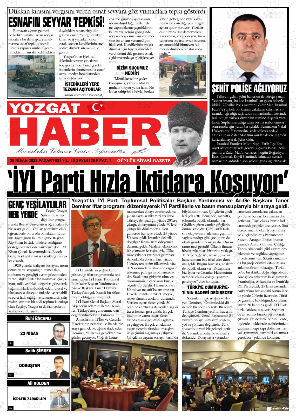 25 Nisan 2022 Yozgat Haber Gazete Manşeti