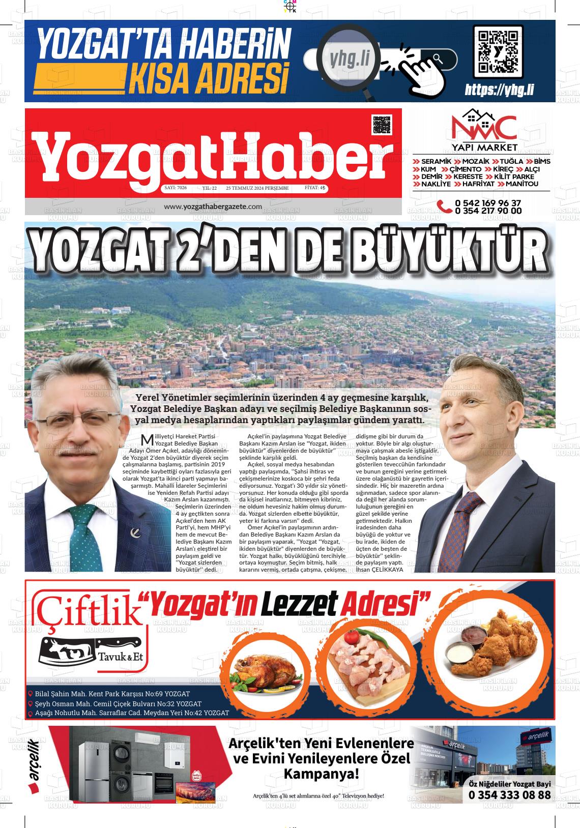 25 Temmuz 2024 Yozgat Haber Gazete Manşeti