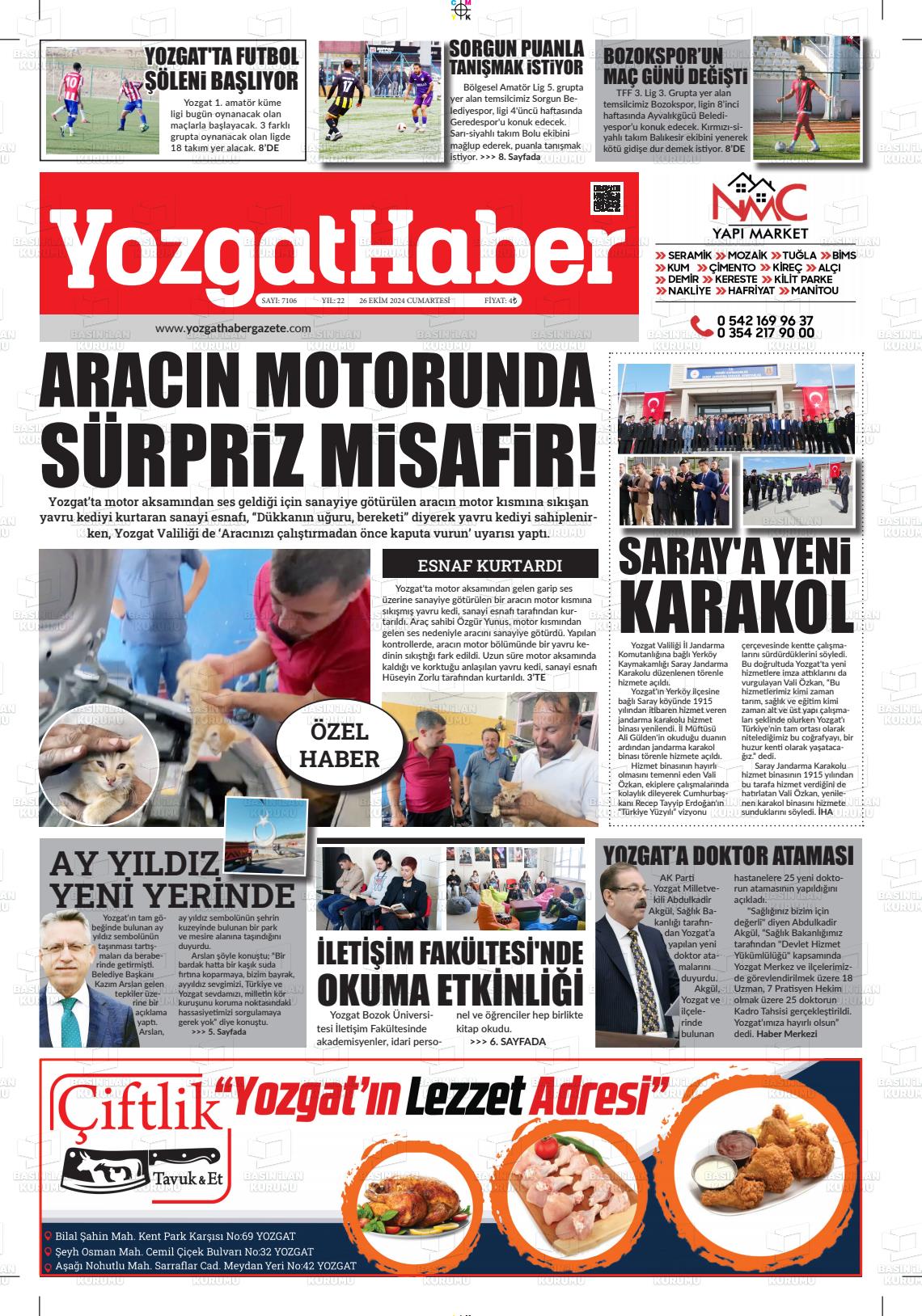 26 Ekim 2024 Yozgat Haber Gazete Manşeti