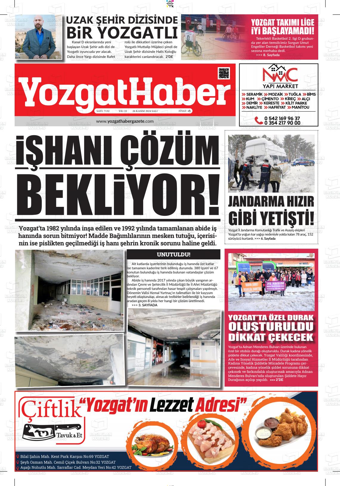 26 Kasım 2024 Yozgat Haber Gazete Manşeti