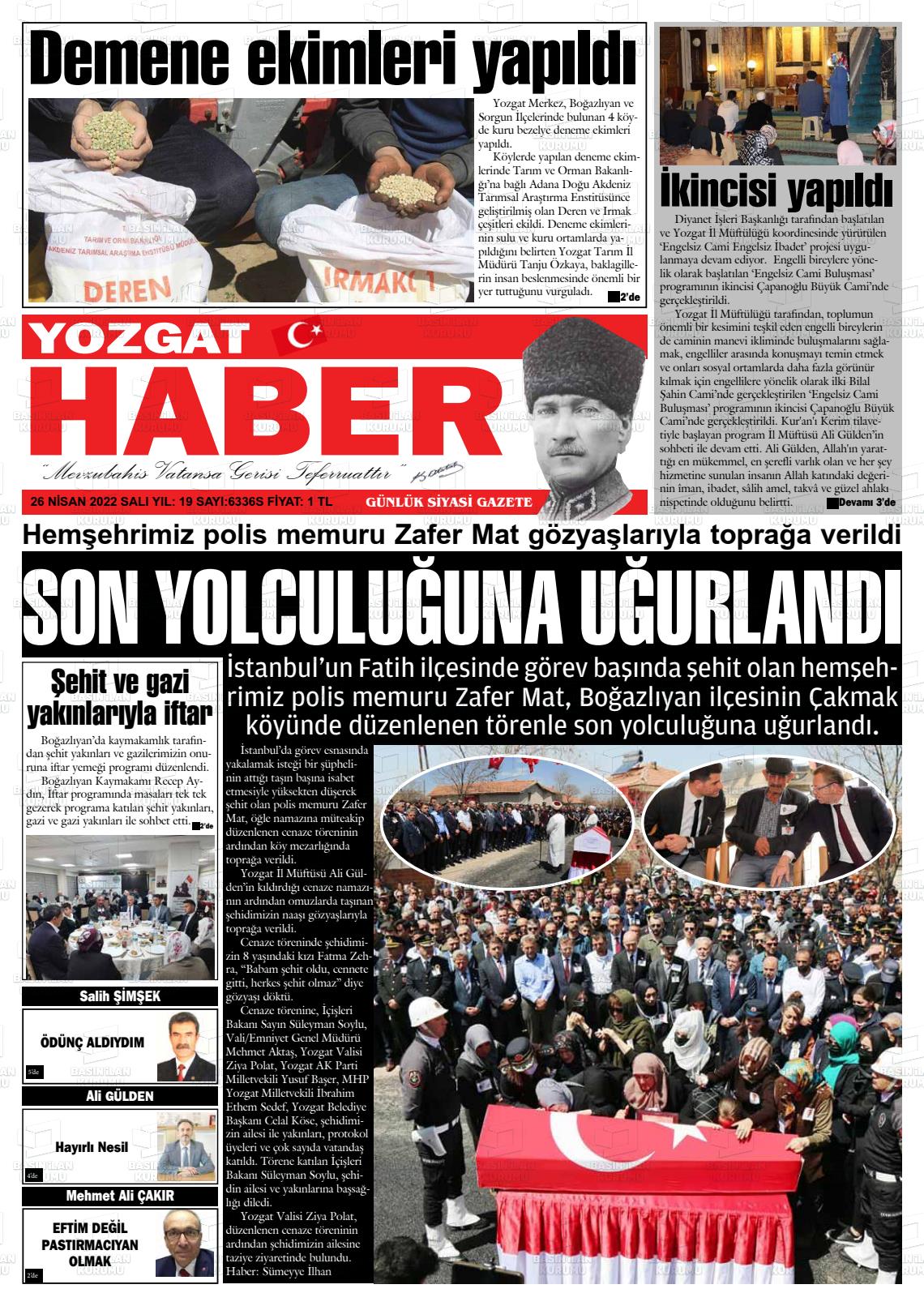 26 Nisan 2022 Yozgat Haber Gazete Manşeti