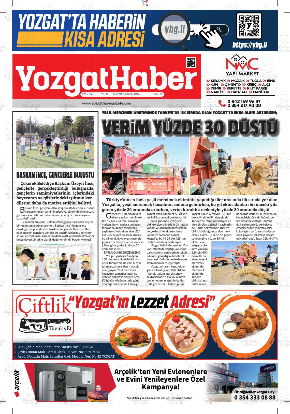 26 Temmuz 2024 Yozgat Haber Gazete Manşeti