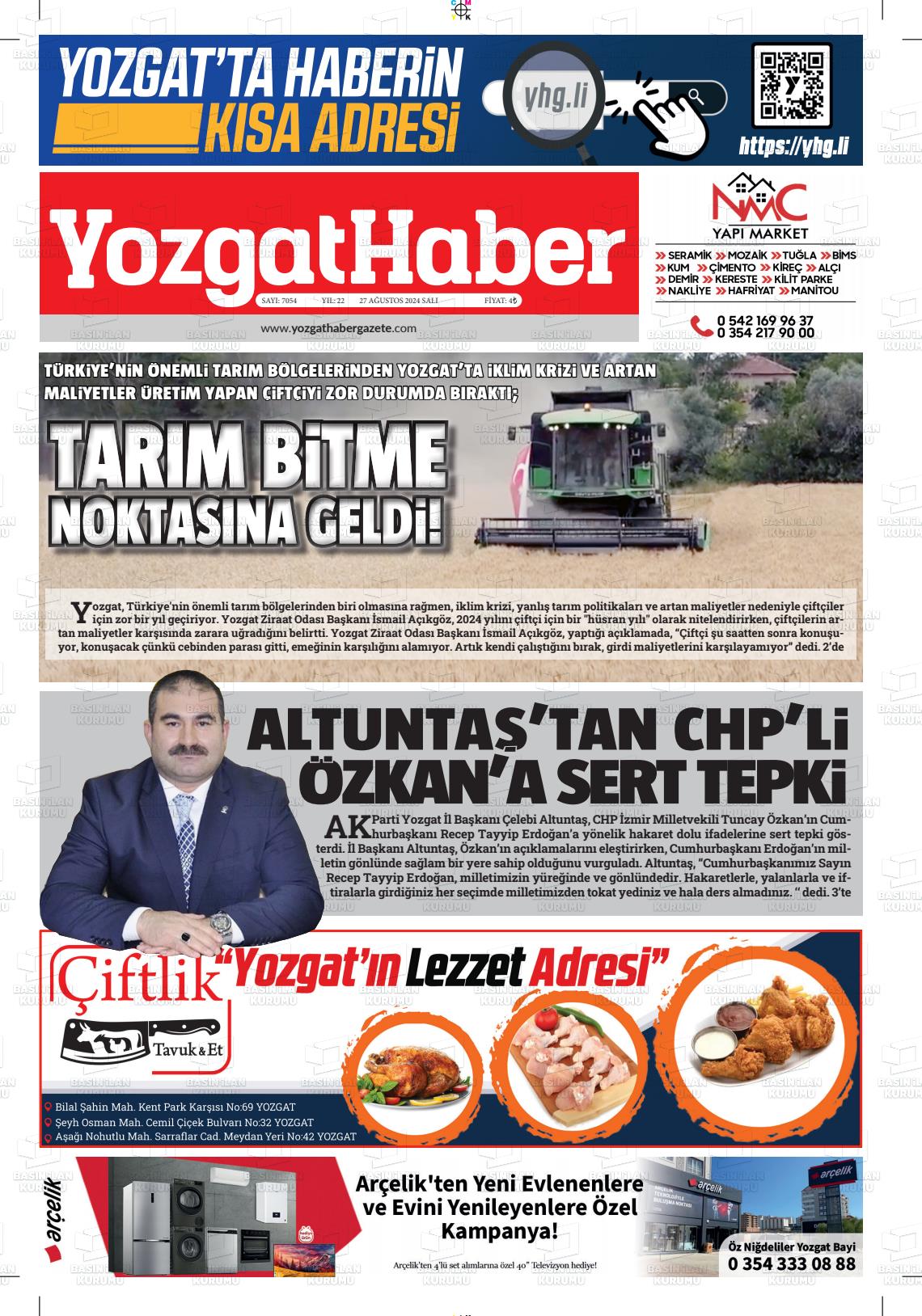 27 Ağustos 2024 Yozgat Haber Gazete Manşeti