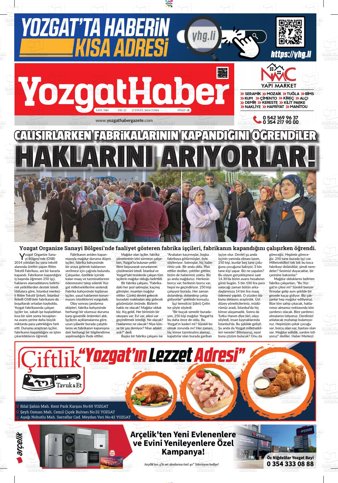 27 Eylül 2024 Yozgat Haber Gazete Manşeti