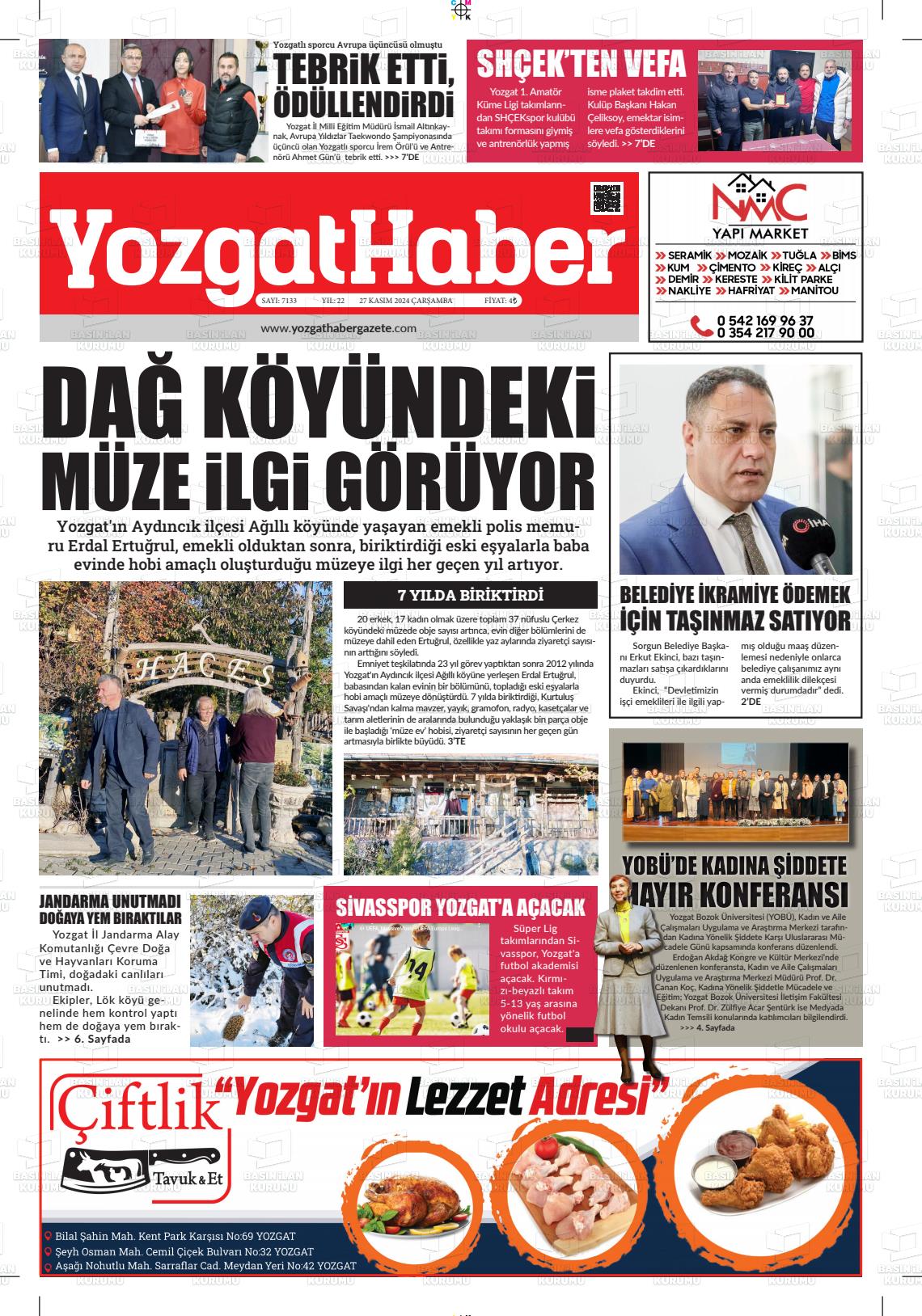 27 Kasım 2024 Yozgat Haber Gazete Manşeti