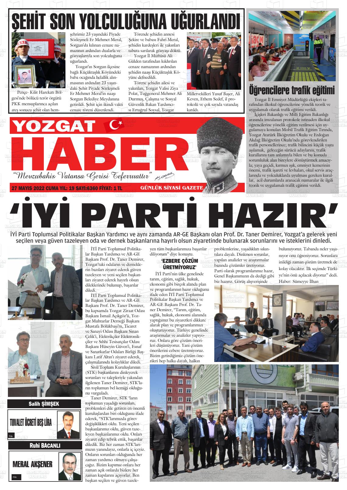 27 Mayıs 2022 Yozgat Haber Gazete Manşeti