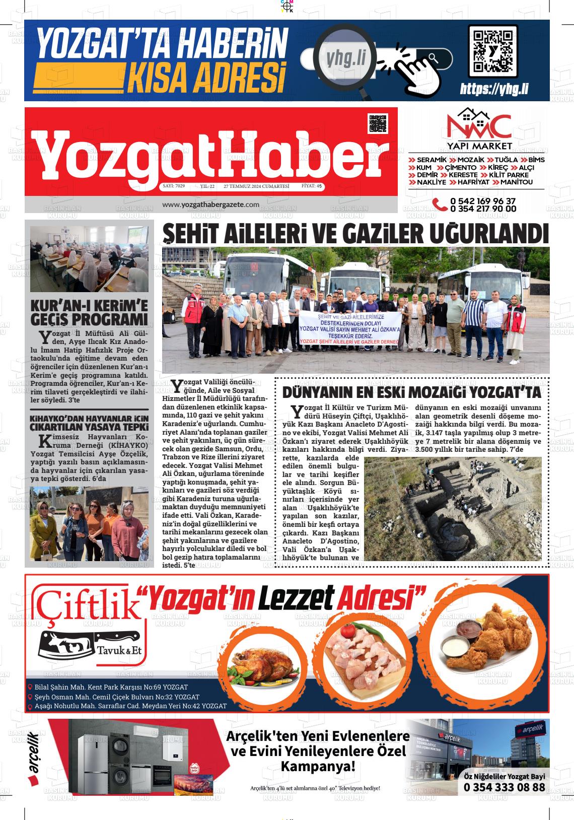 27 Temmuz 2024 Yozgat Haber Gazete Manşeti