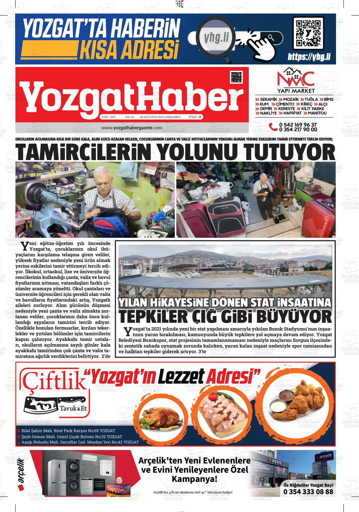 28 Ağustos 2024 Yozgat Haber Gazete Manşeti