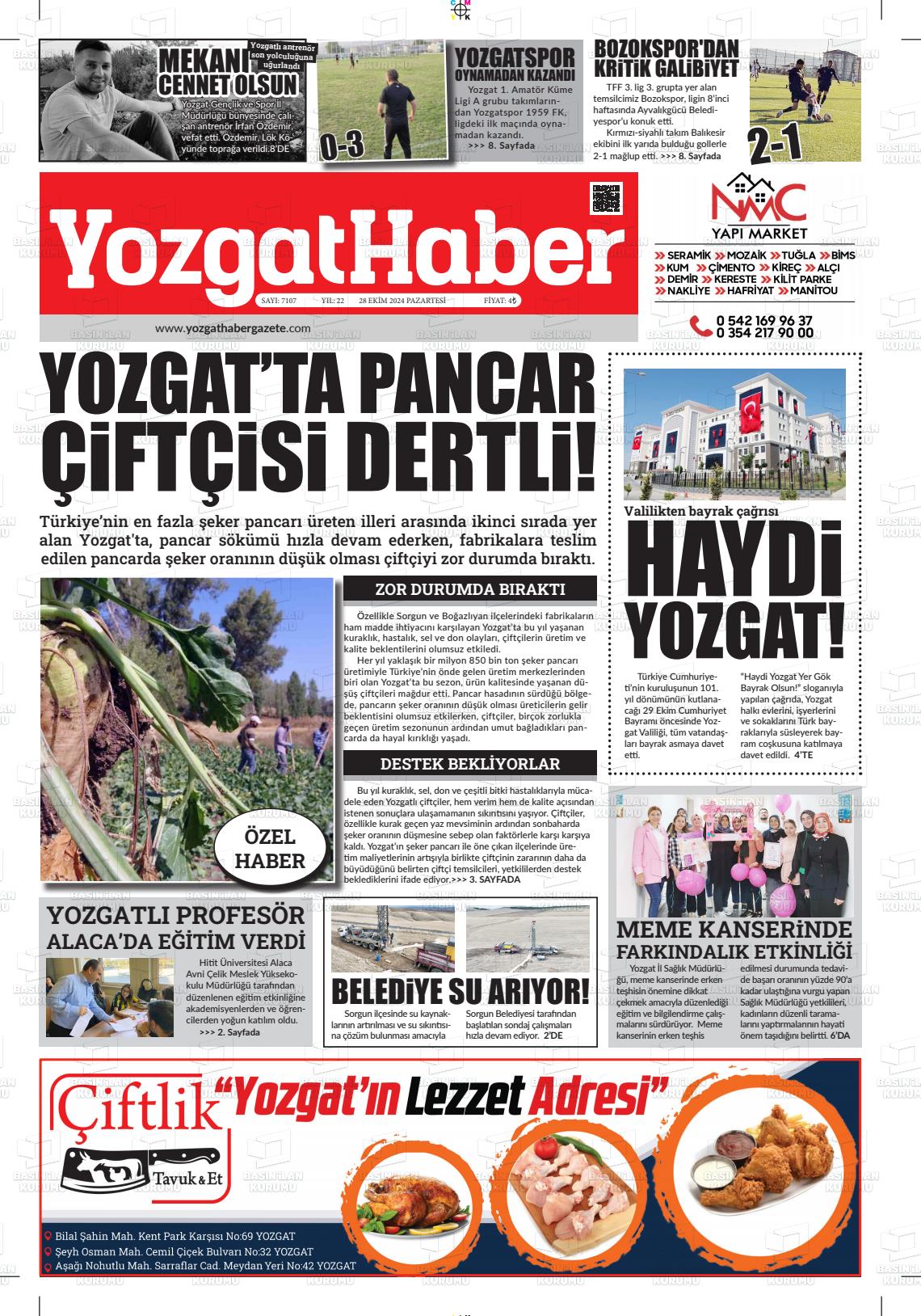 28 Ekim 2024 Yozgat Haber Gazete Manşeti