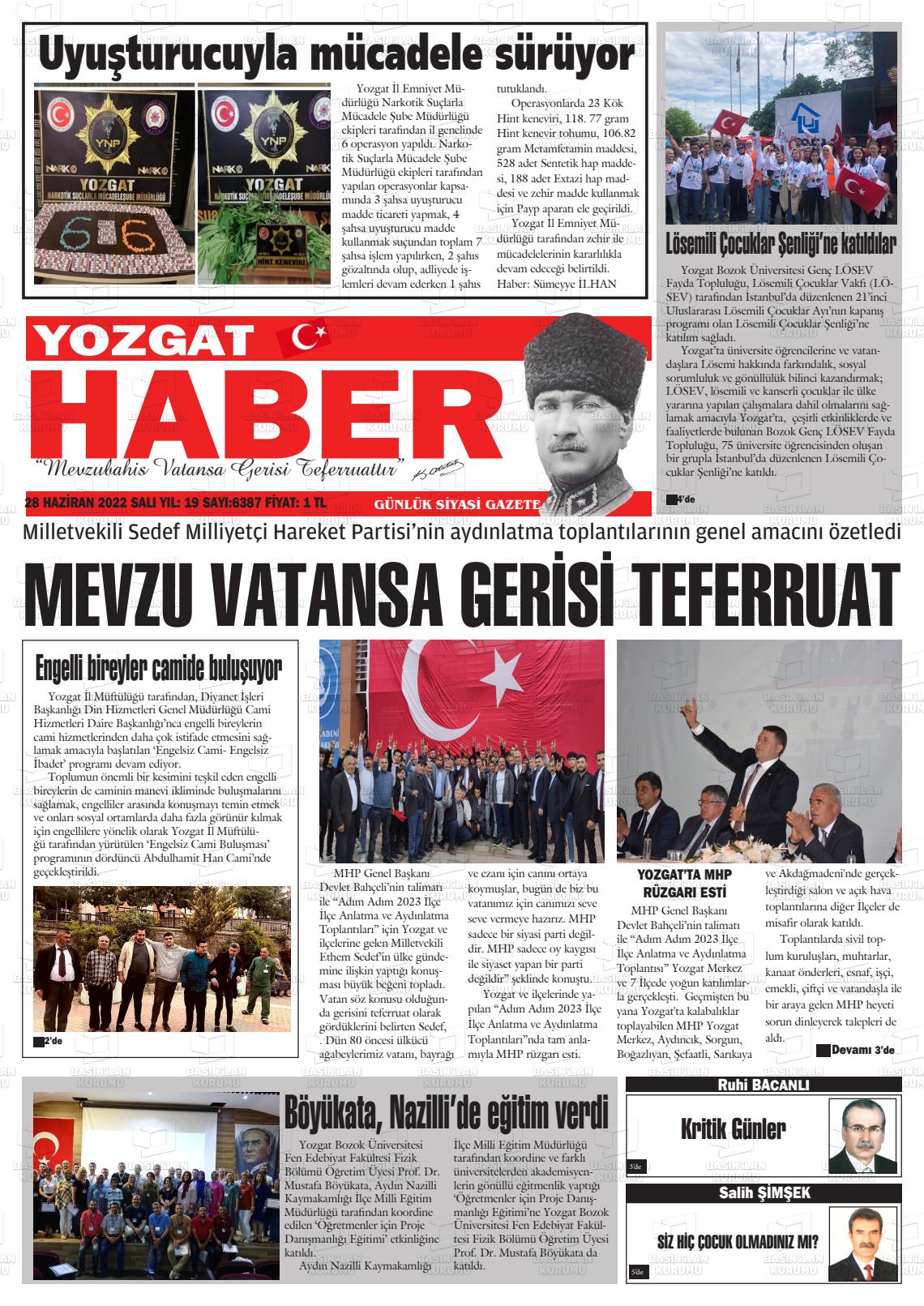 28 Haziran 2022 Yozgat Haber Gazete Manşeti