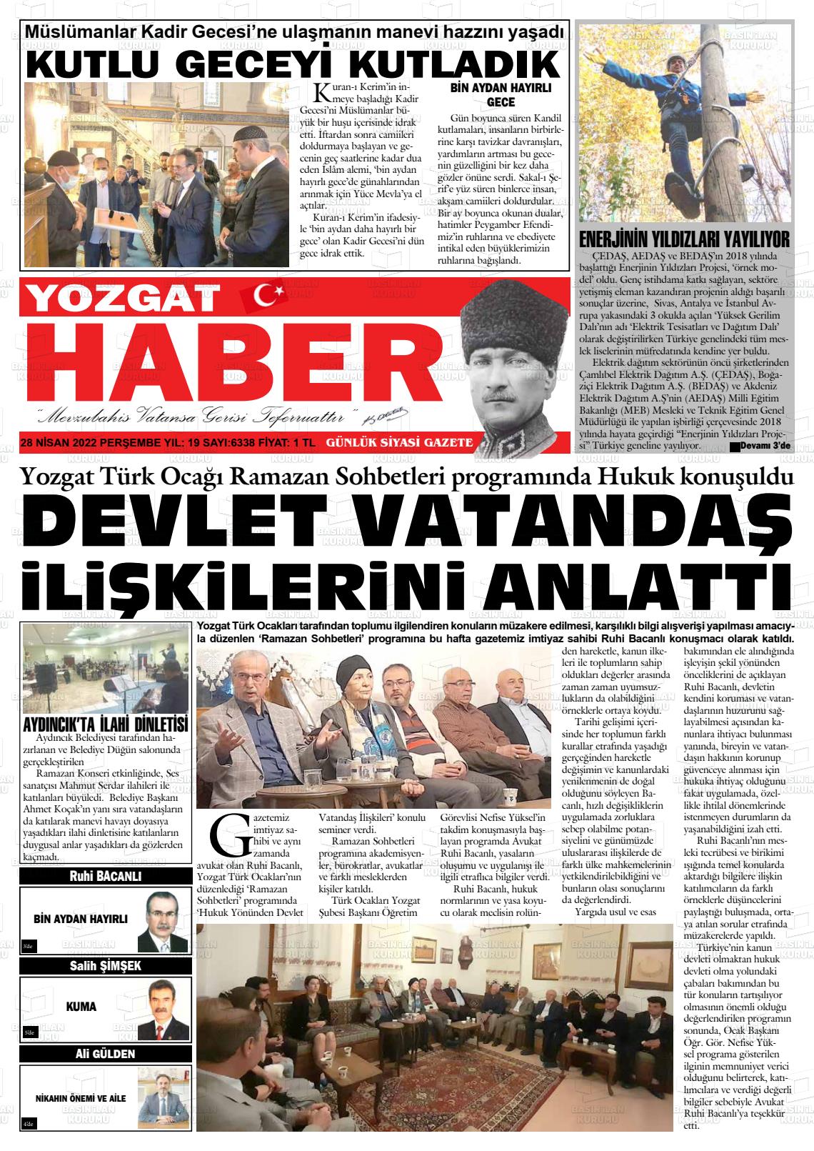 28 Nisan 2022 Yozgat Haber Gazete Manşeti