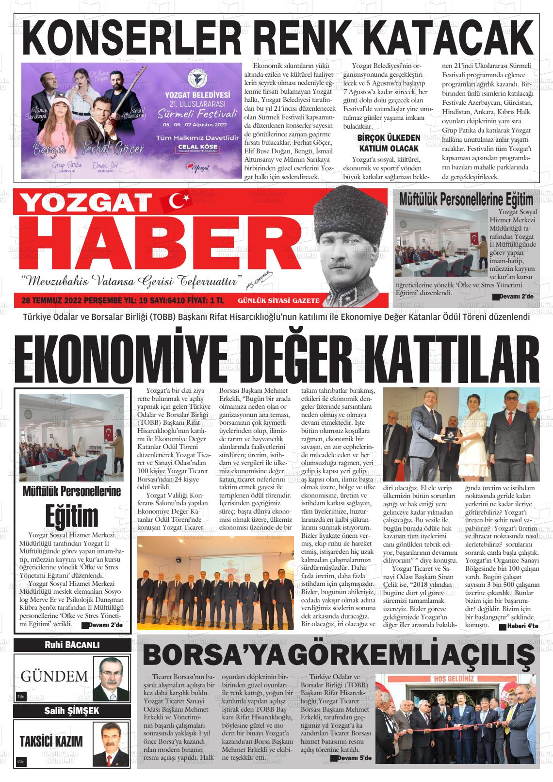 28 Temmuz 2022 Yozgat Haber Gazete Manşeti