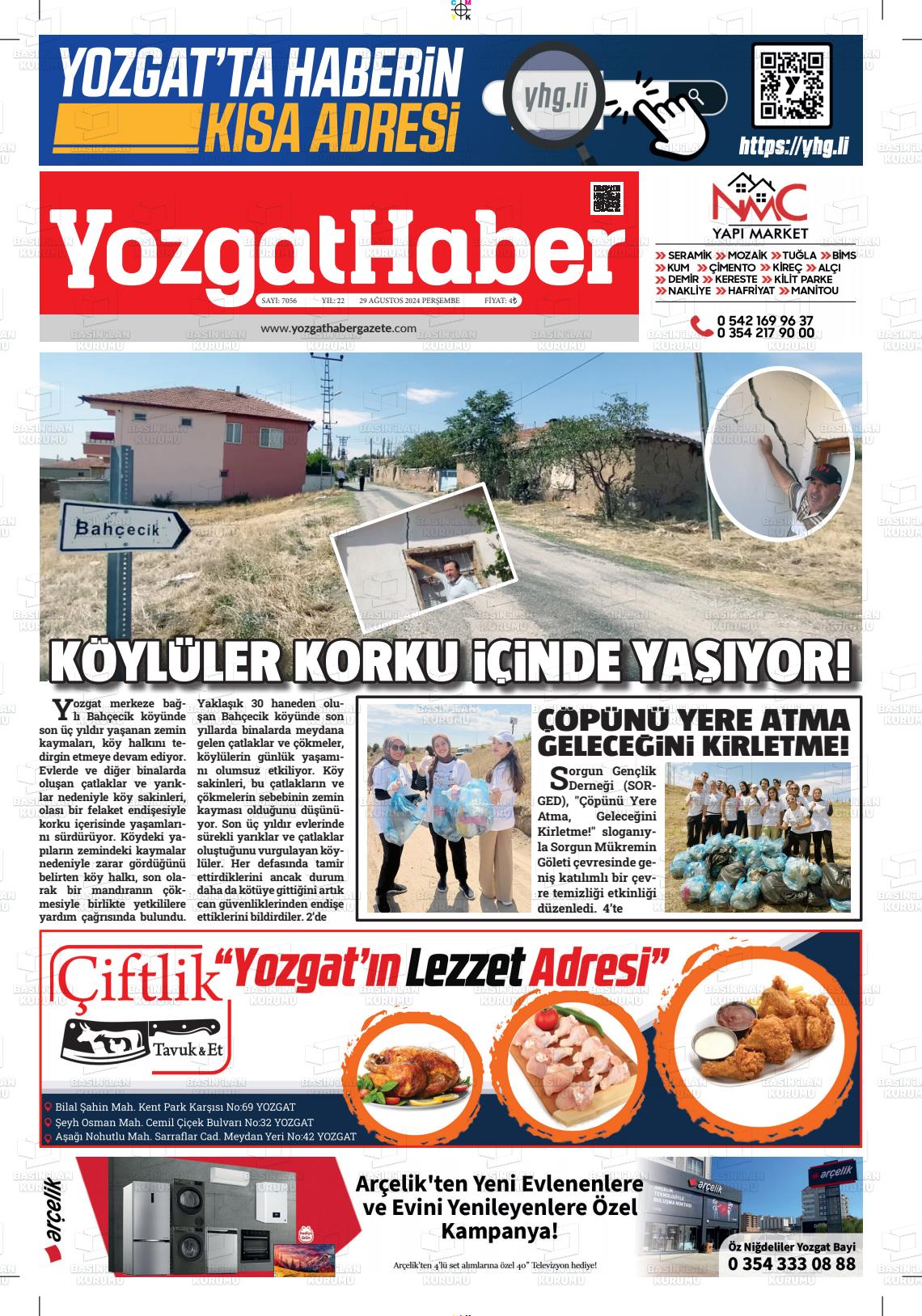 29 Ağustos 2024 Yozgat Haber Gazete Manşeti