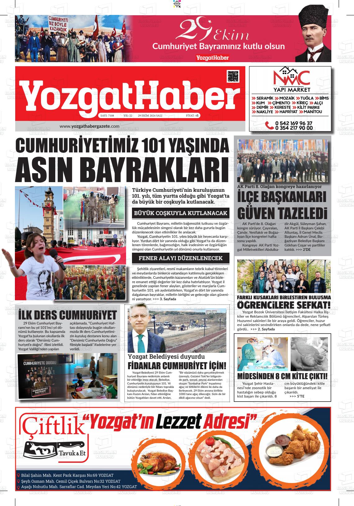 29 Ekim 2024 Yozgat Haber Gazete Manşeti