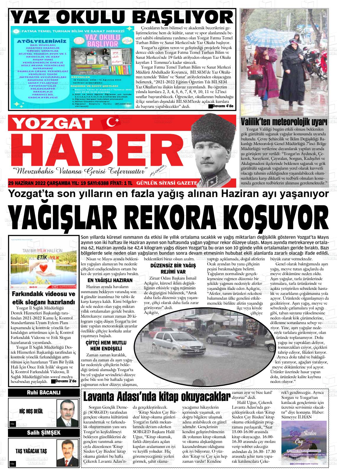 29 Haziran 2022 Yozgat Haber Gazete Manşeti