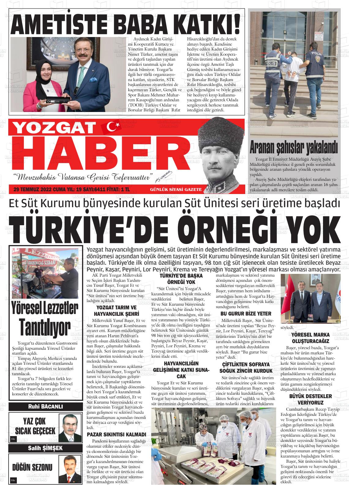 29 Temmuz 2022 Yozgat Haber Gazete Manşeti