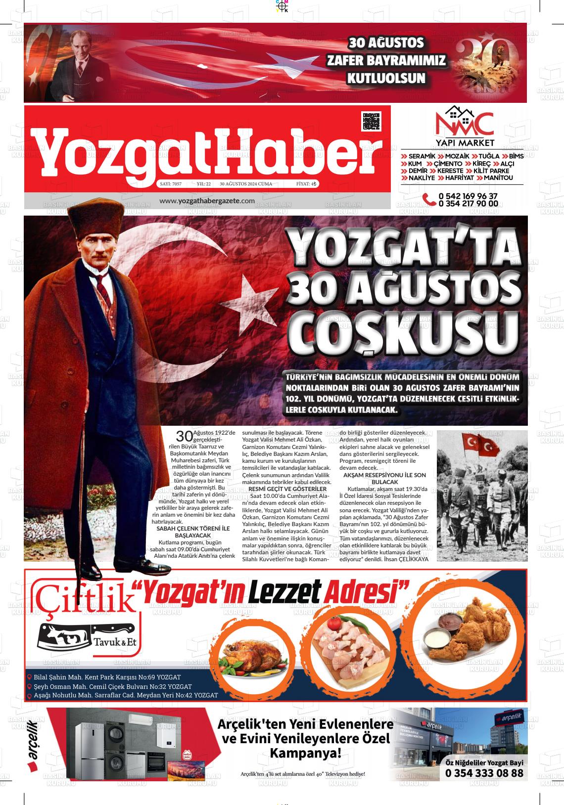 30 Ağustos 2024 Yozgat Haber Gazete Manşeti