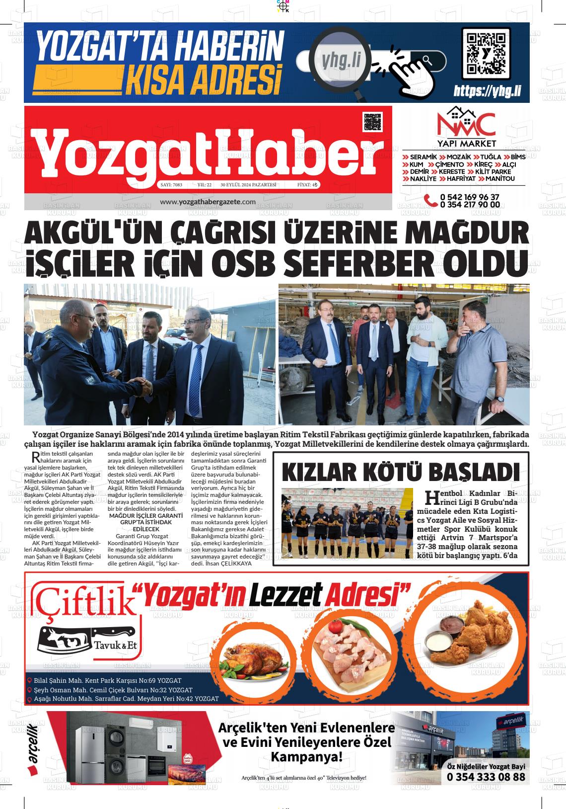 30 Eylül 2024 Yozgat Haber Gazete Manşeti