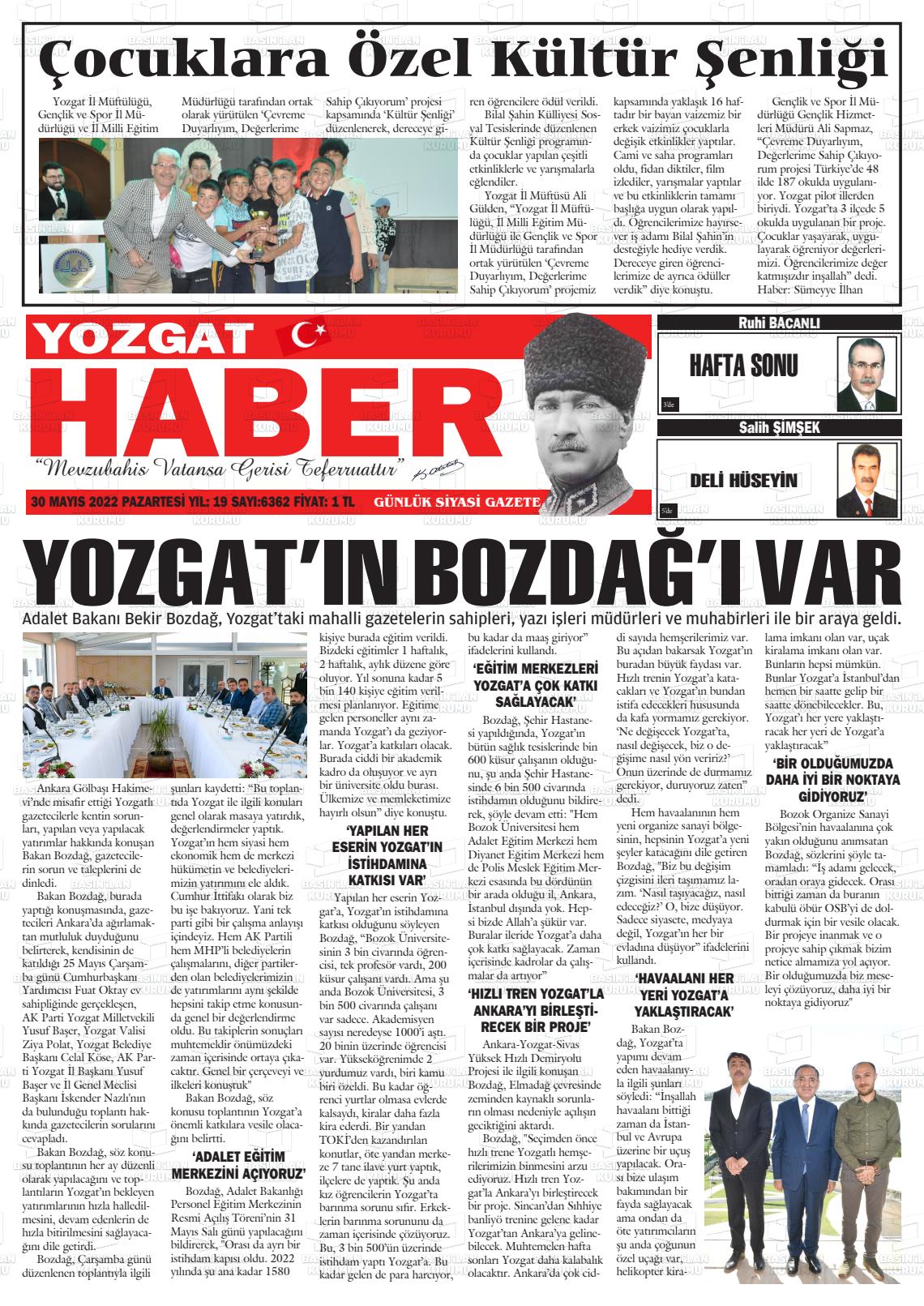 30 Mayıs 2022 Yozgat Haber Gazete Manşeti