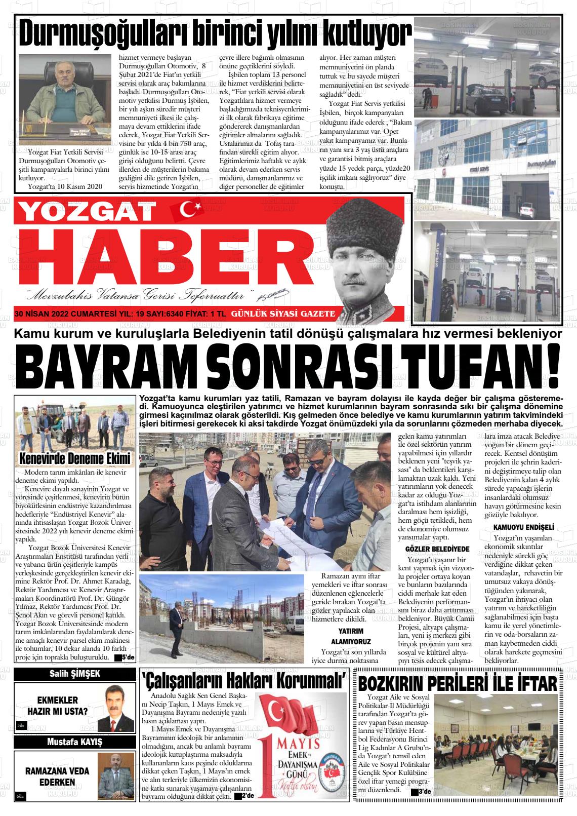 30 Nisan 2022 Yozgat Haber Gazete Manşeti