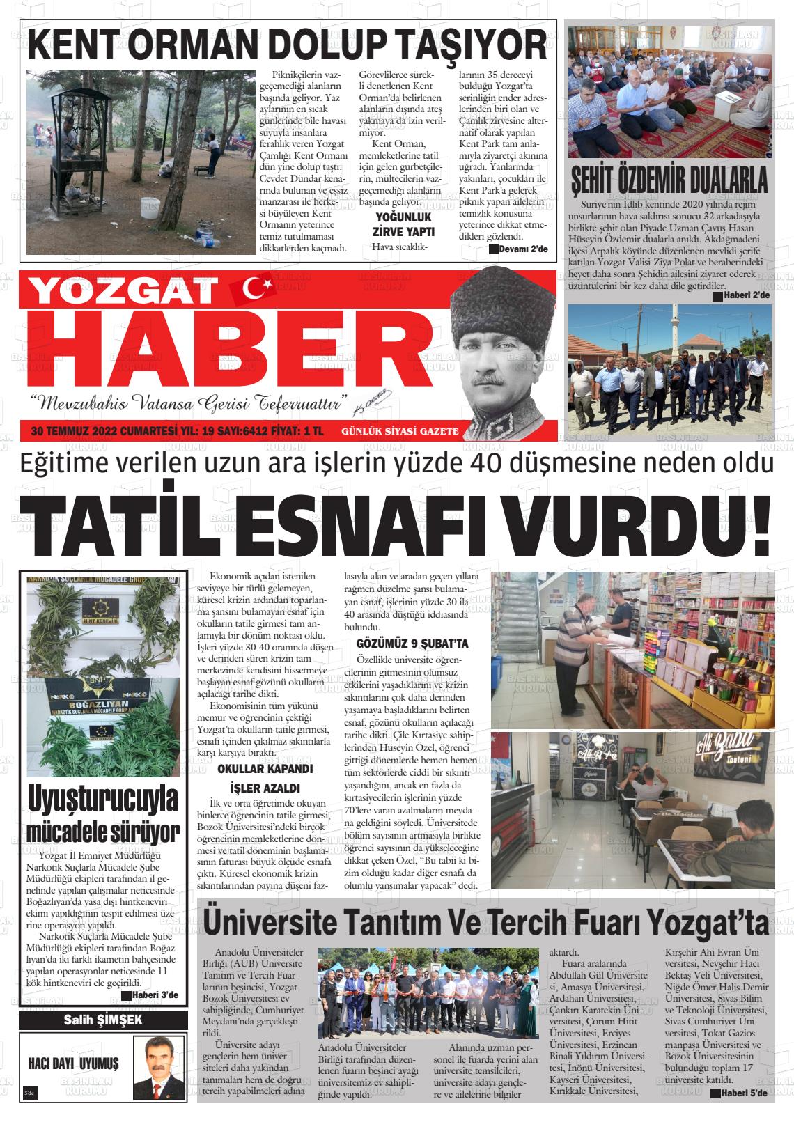 30 Temmuz 2022 Yozgat Haber Gazete Manşeti