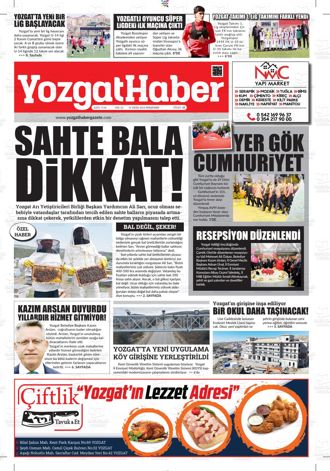 31 Ekim 2024 Yozgat Haber Gazete Manşeti