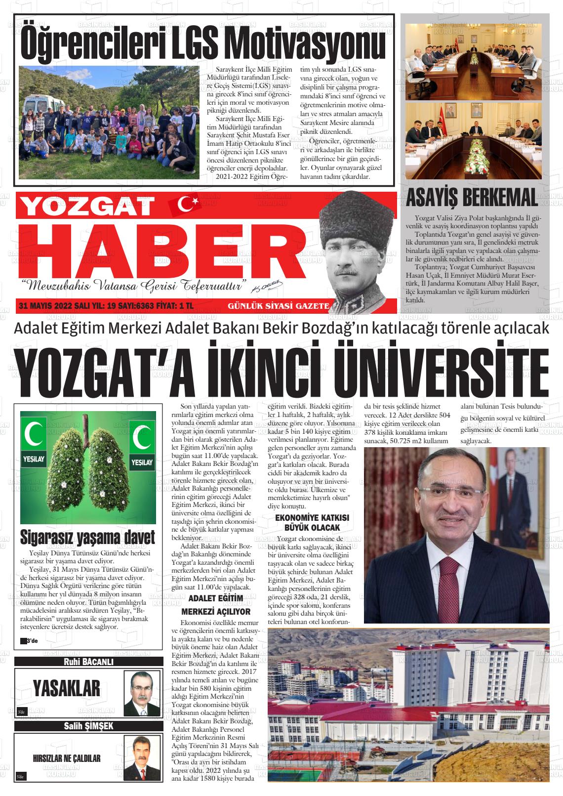 31 Mayıs 2022 Yozgat Haber Gazete Manşeti