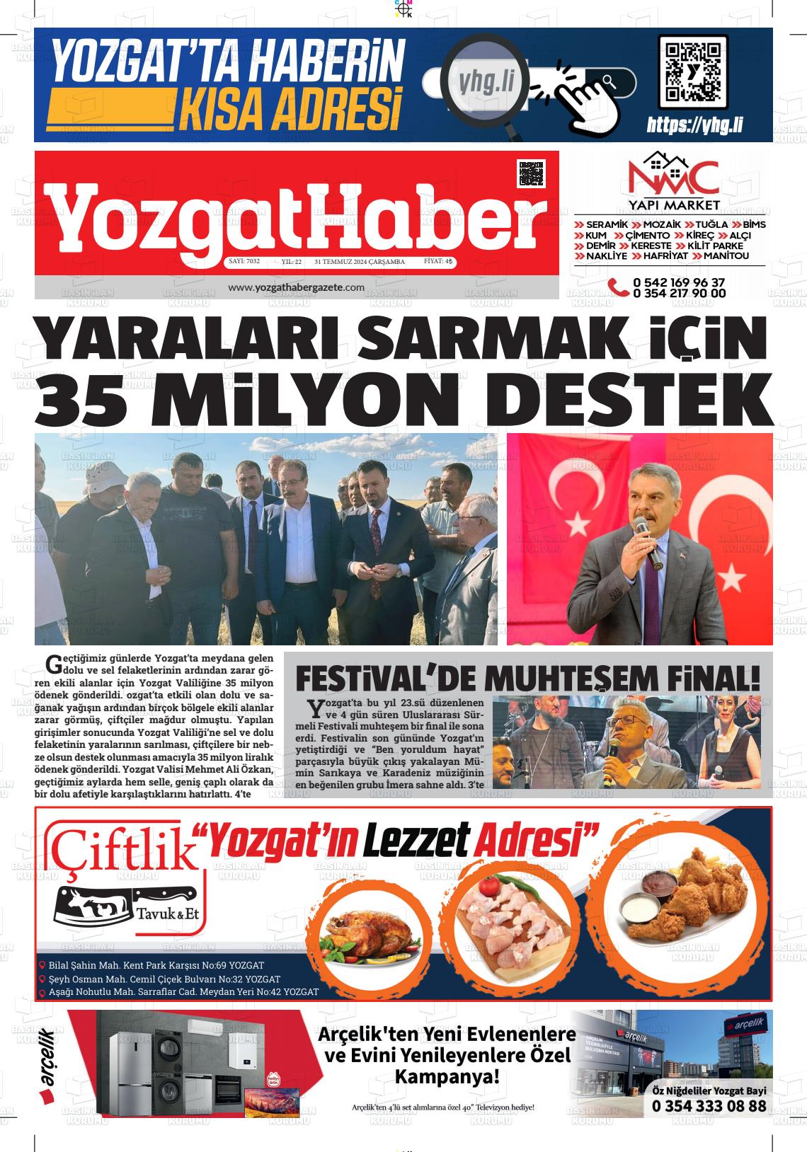 31 Temmuz 2024 Yozgat Haber Gazete Manşeti