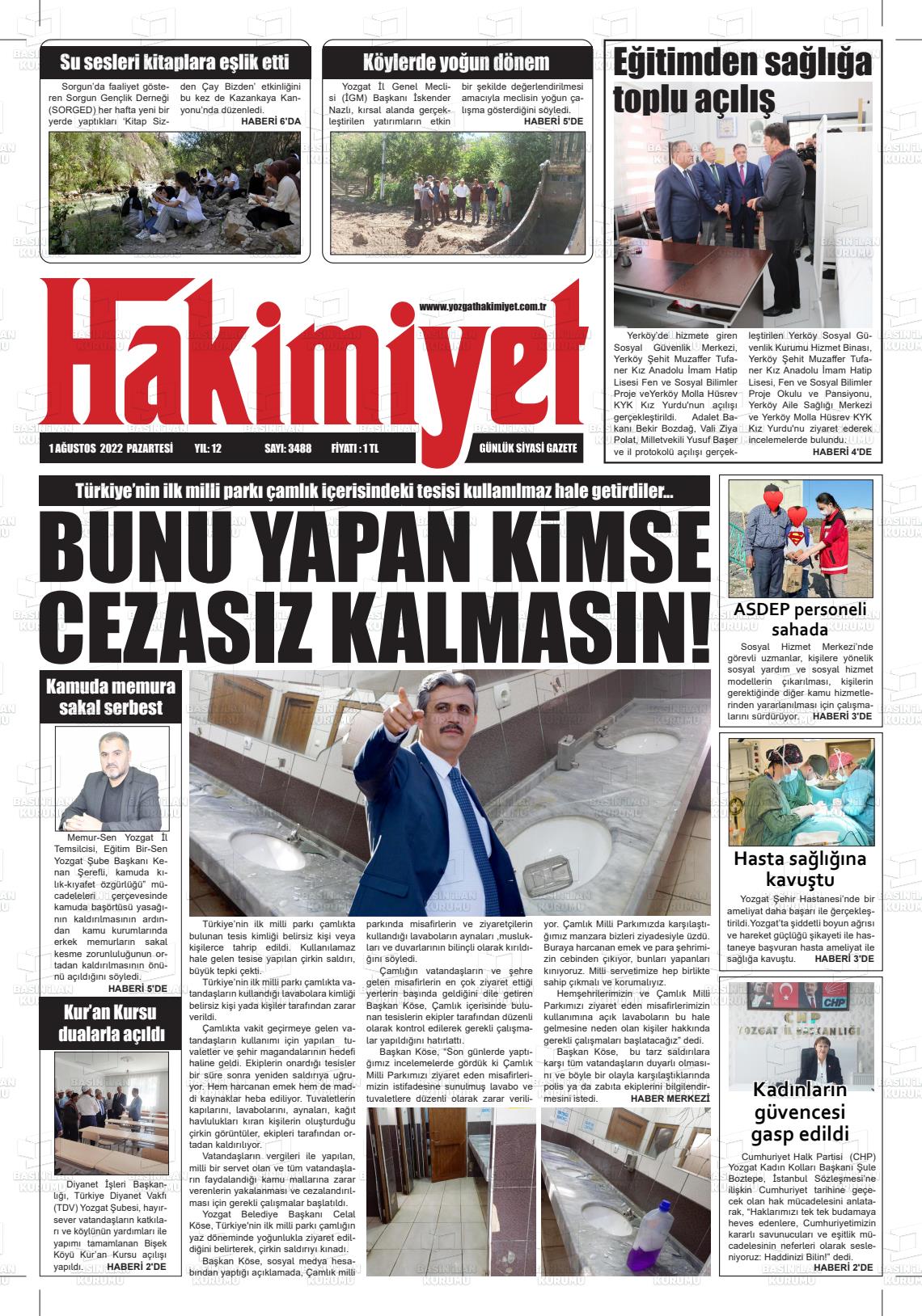 01 Ağustos 2022 Yozgat Hakimiyet Gazete Manşeti