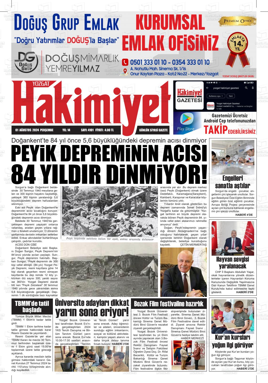 01 Ağustos 2024 Yozgat Hakimiyet Gazete Manşeti