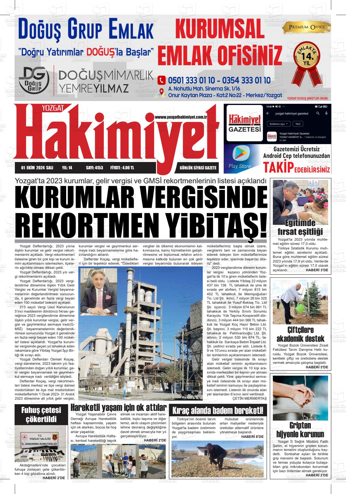 01 Ekim 2024 Yozgat Hakimiyet Gazete Manşeti