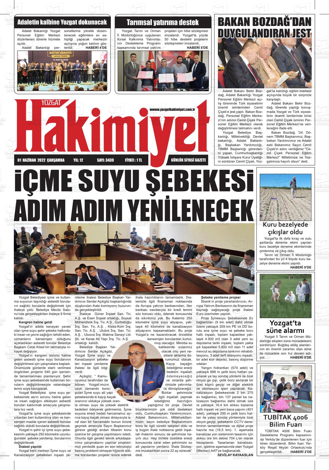 01 Haziran 2022 Yozgat Hakimiyet Gazete Manşeti