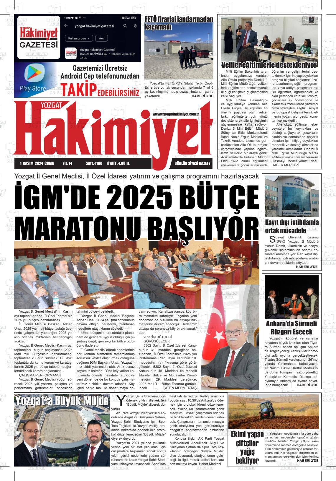 01 Kasım 2024 Yozgat Hakimiyet Gazete Manşeti