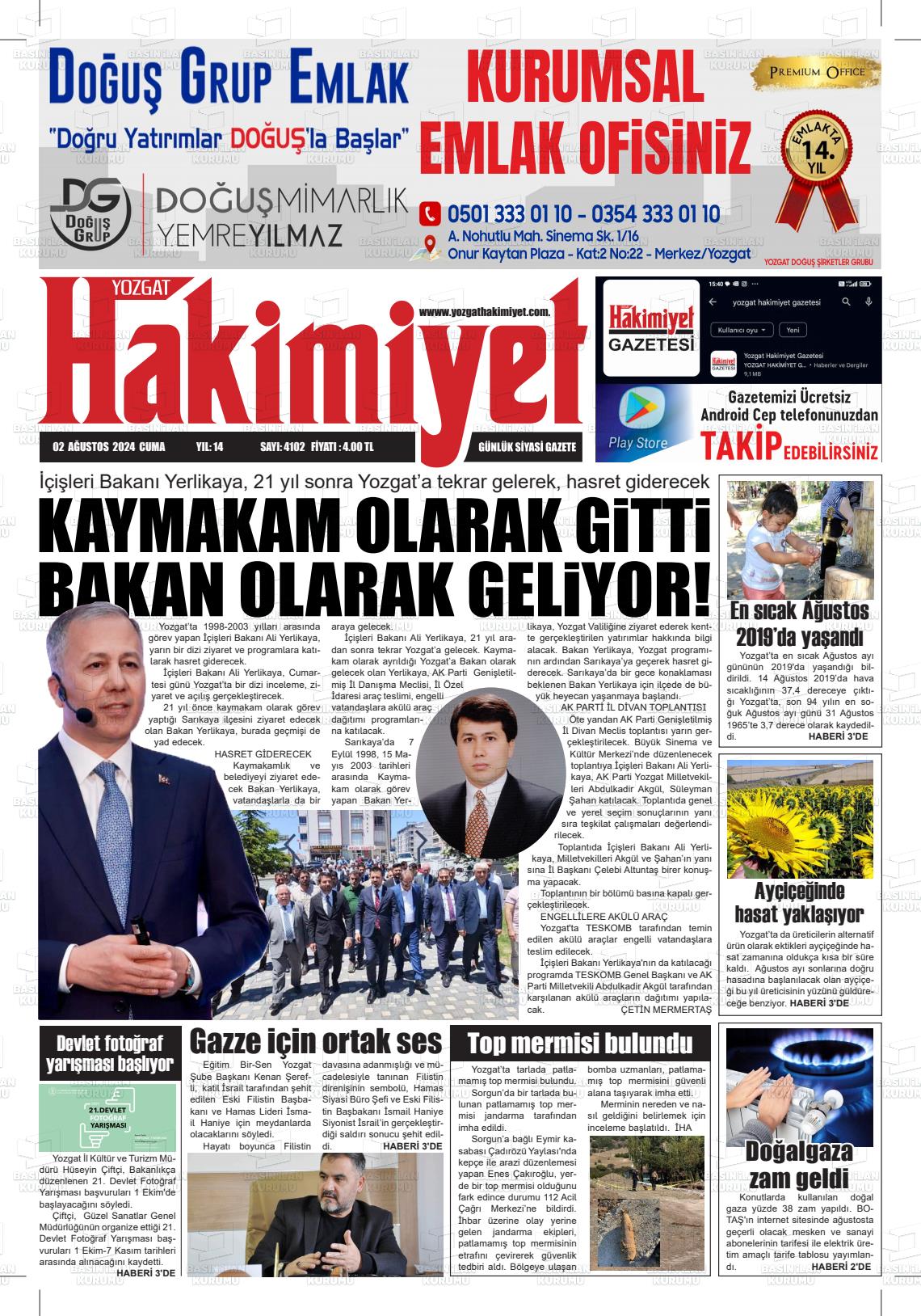 02 Ağustos 2024 Yozgat Hakimiyet Gazete Manşeti