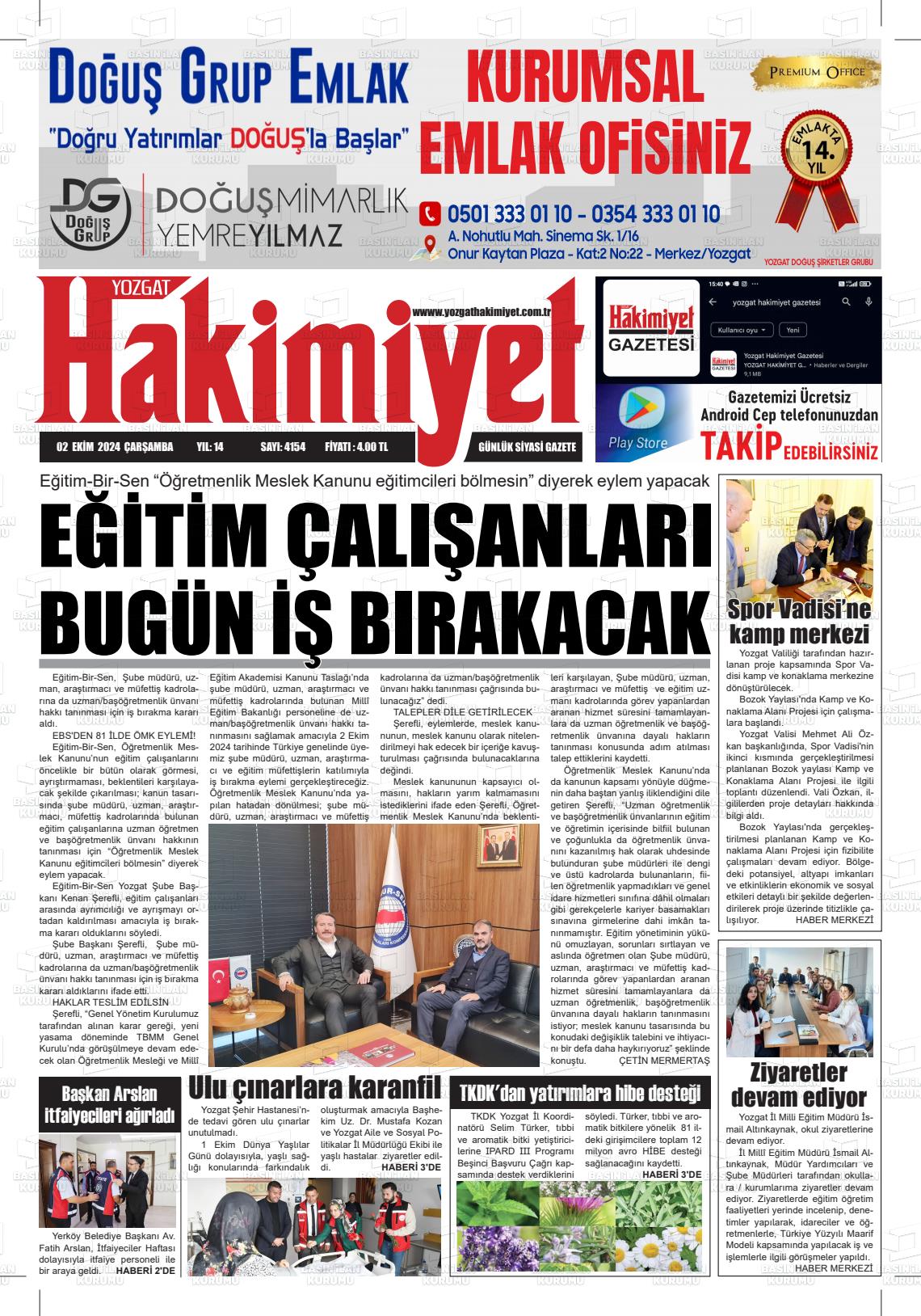 02 Ekim 2024 Yozgat Hakimiyet Gazete Manşeti