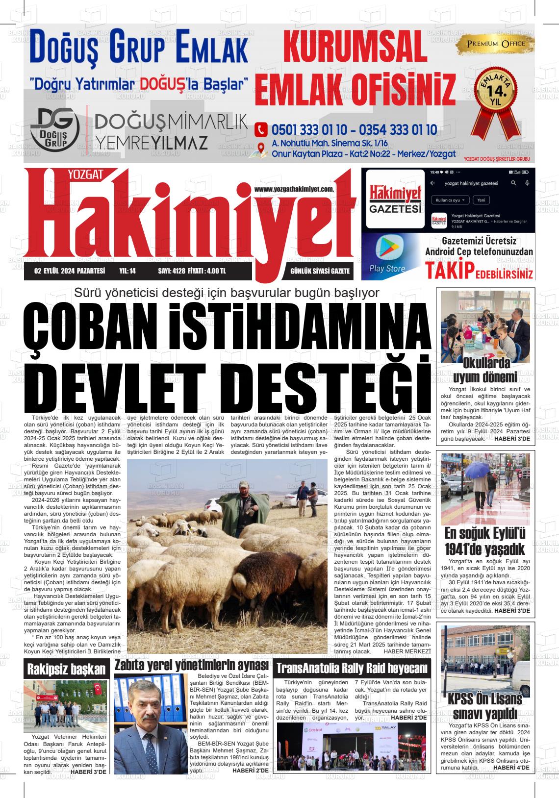 02 Eylül 2024 Yozgat Hakimiyet Gazete Manşeti