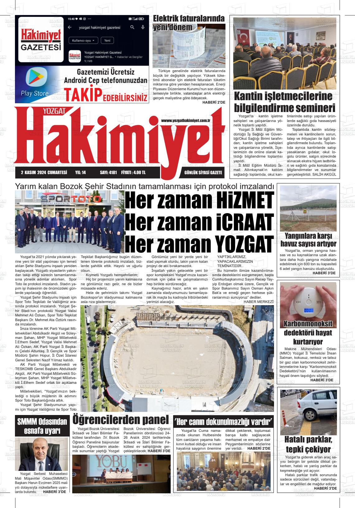 02 Kasım 2024 Yozgat Hakimiyet Gazete Manşeti