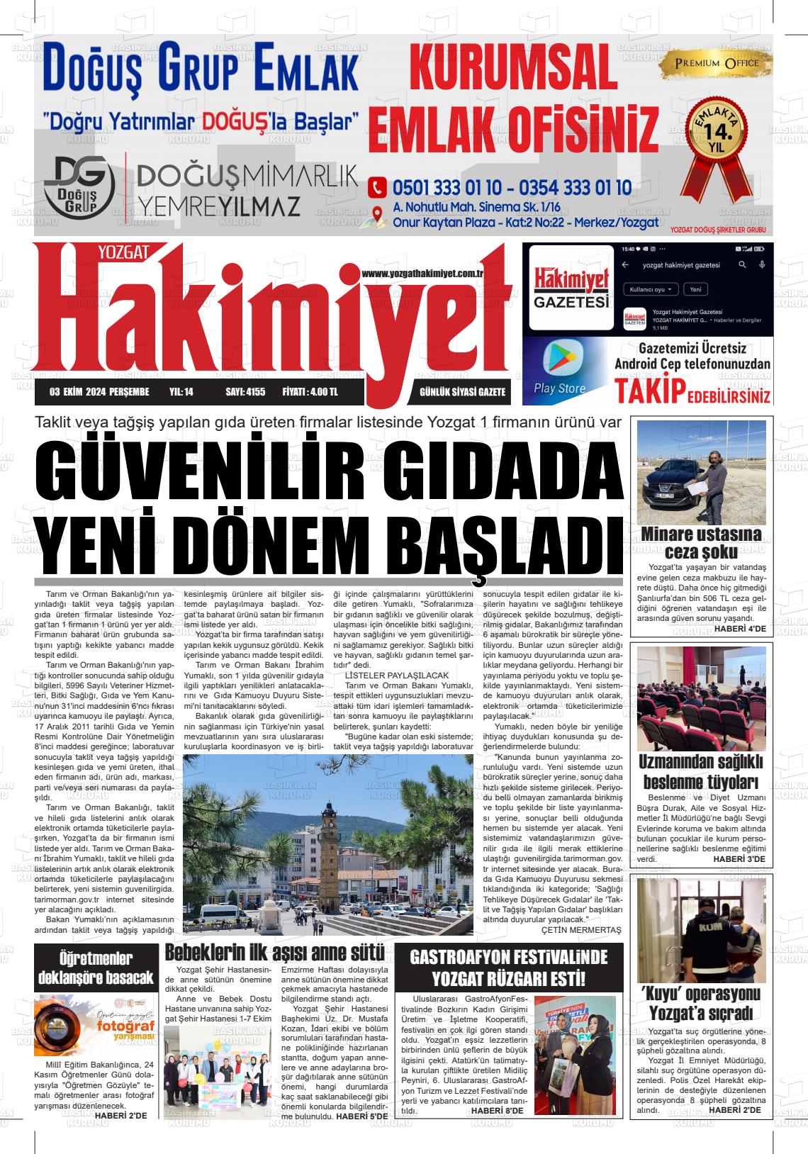 03 Ekim 2024 Yozgat Hakimiyet Gazete Manşeti