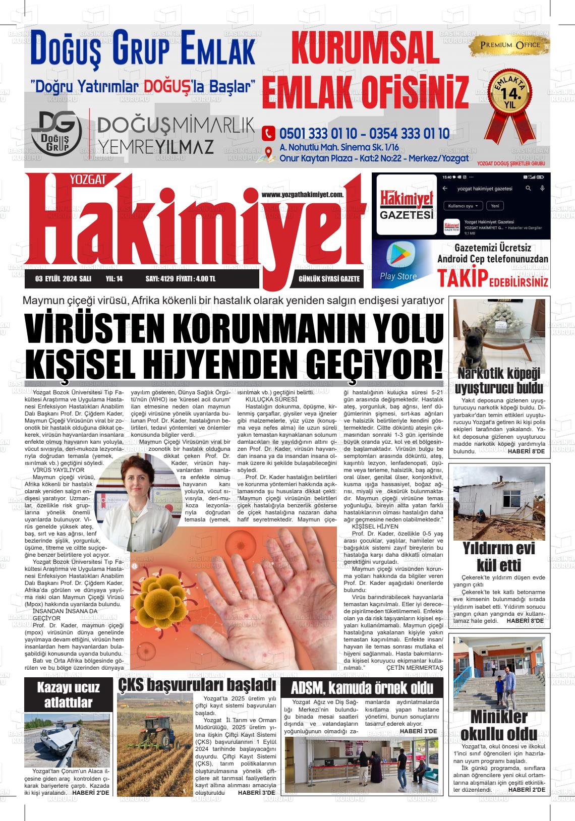 03 Eylül 2024 Yozgat Hakimiyet Gazete Manşeti