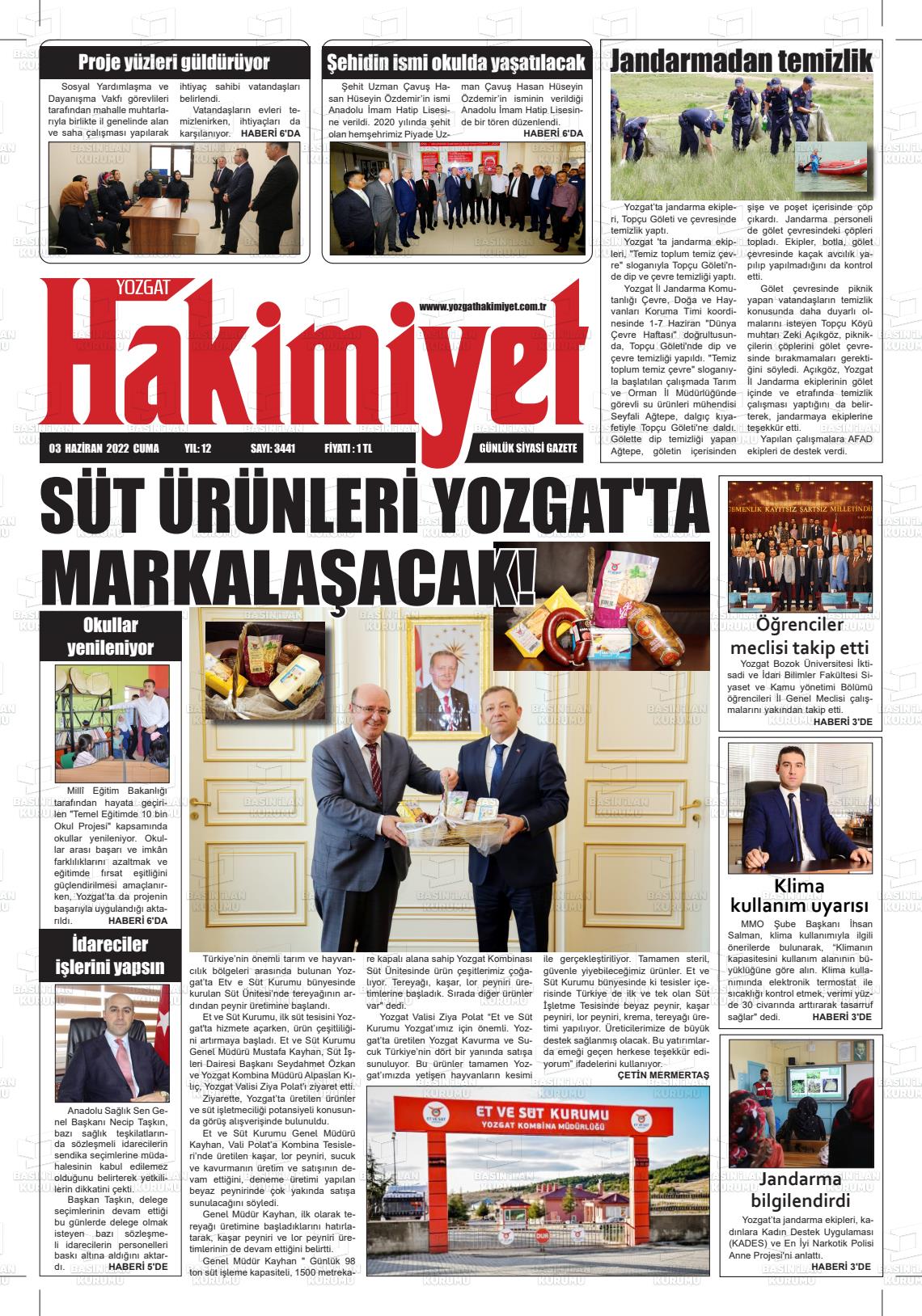 03 Haziran 2022 Yozgat Hakimiyet Gazete Manşeti